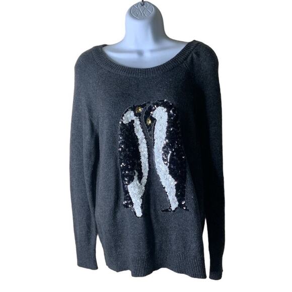H&M Penguin Graphic  Sequin Sweater Womens Size Small Crew Neck Long Sleeve Gray - Picture 3 of 8
